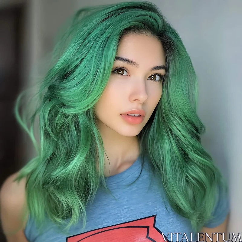 Young Woman with Lush Green Hair AI Image