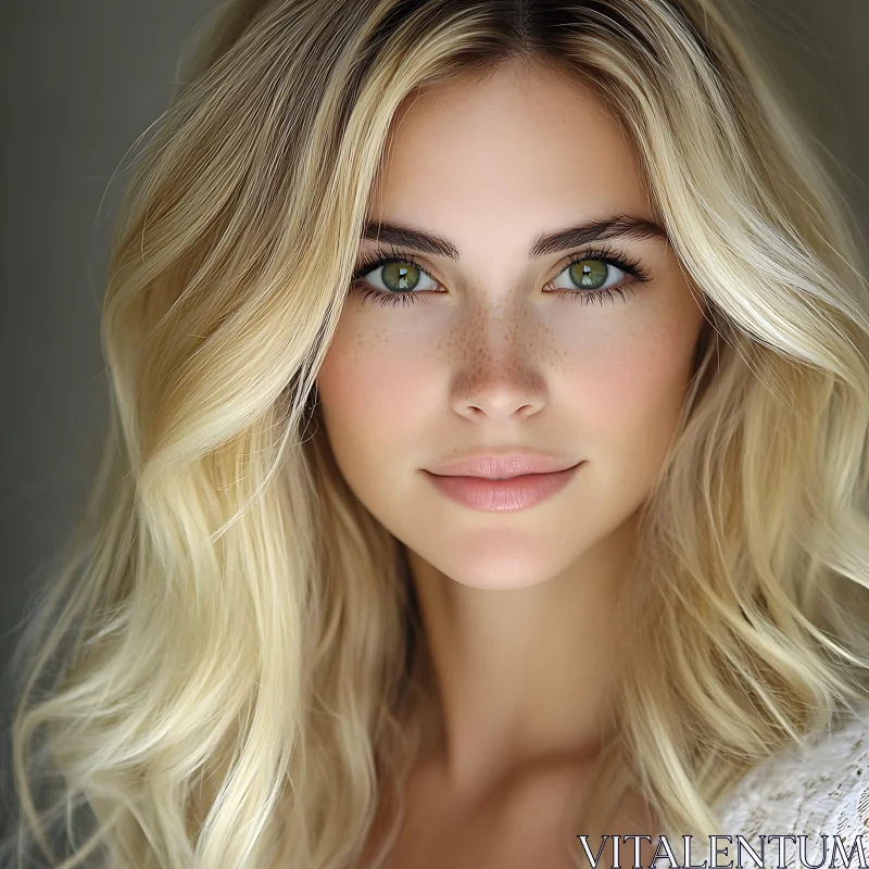 Close-Up Portrait of a Smiling Blonde Woman with Radiant Green Eyes Close-Up Portrait of a Smiling Blonde Woman with Radiant Green Eyes