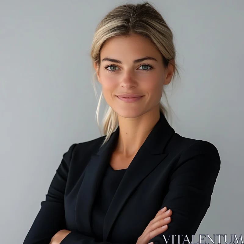 Young Professional Woman Smiling in Black Attire Young Professional Woman Smiling in Black Attire