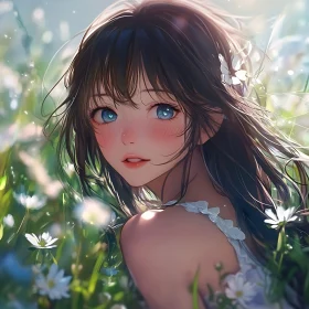 Anime Girl with Blue Eyes in Flower Meadow