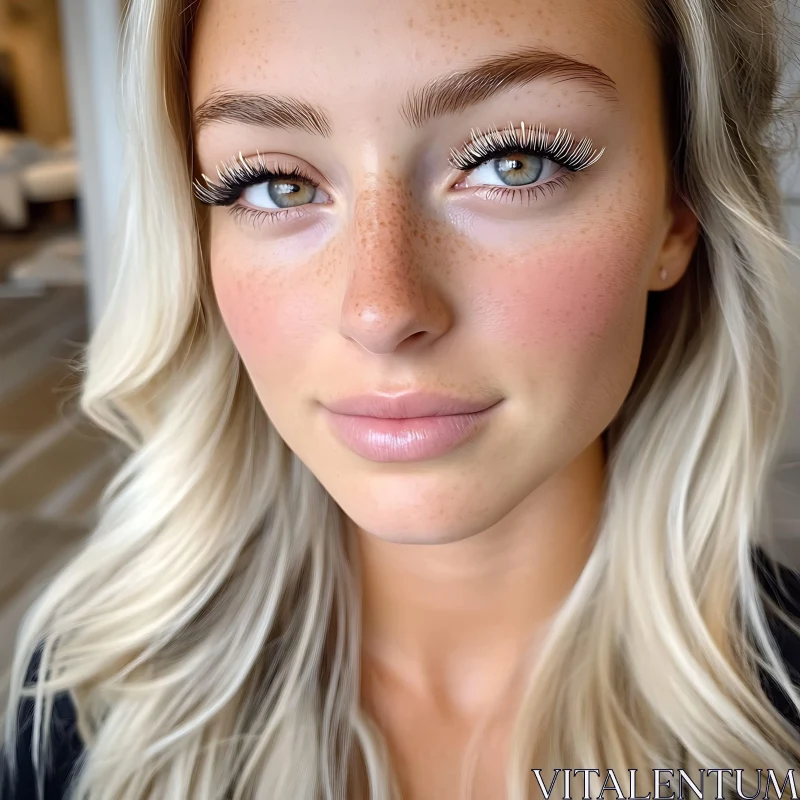 Blonde Woman with Freckles and Prominent Eyelashes Blonde Woman with Freckles and Prominent Eyelashes