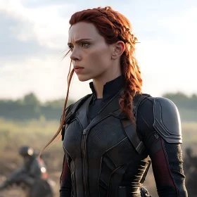 Focused Woman with Red Braid in Armor
