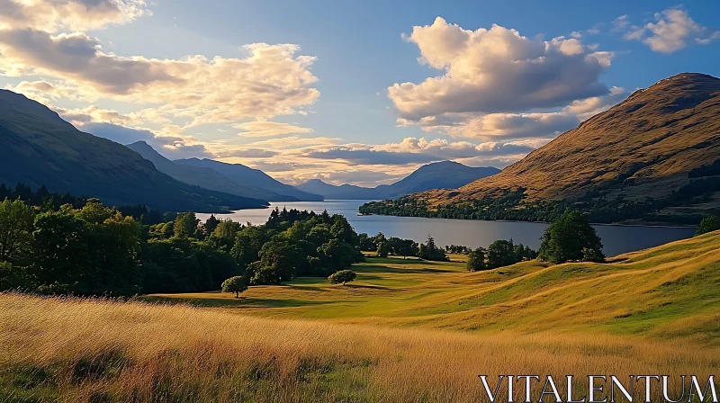 Picturesque Mountain and Lake View with Golden Grasses Picturesque Mountain and Lake View with Golden Grasses