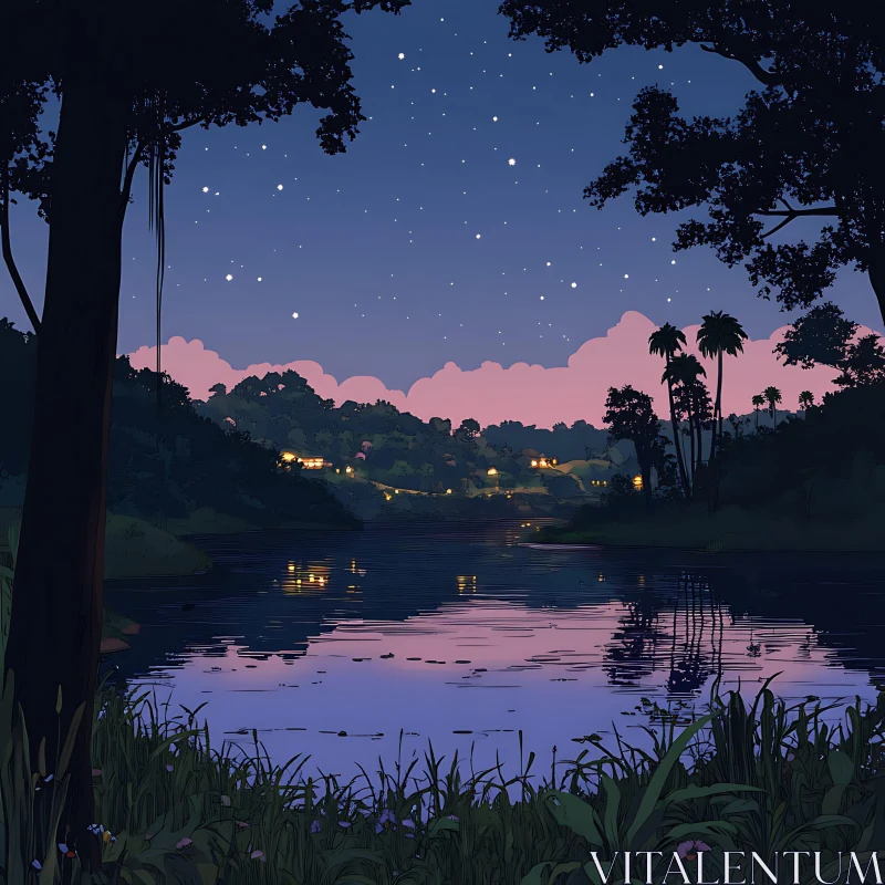 Tranquil Night Landscape by Waterside