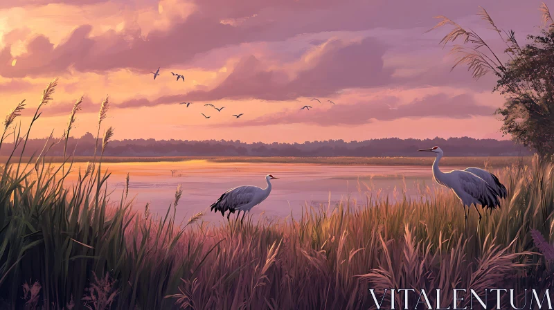 Peaceful Sunset Lake with Cranes and Birds Peaceful Sunset Lake with Cranes and Birds
