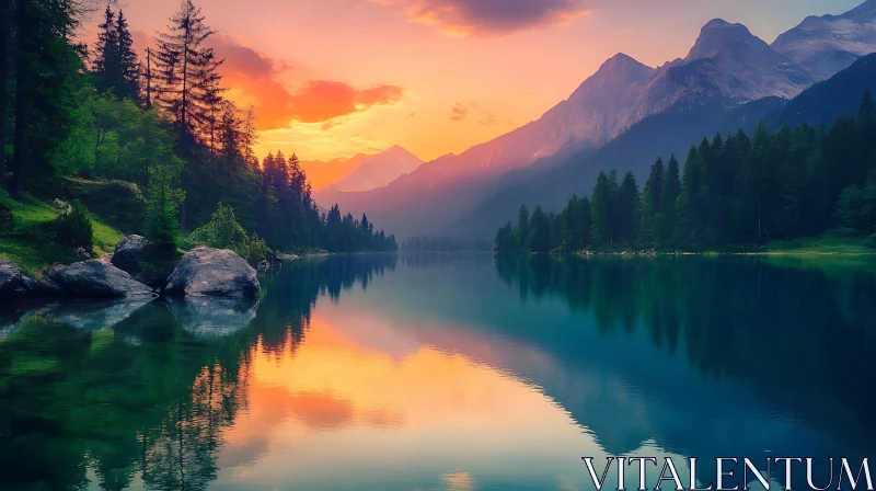 Tranquil Lake Amidst Mountains during Sunset Tranquil Lake Amidst Mountains during Sunset