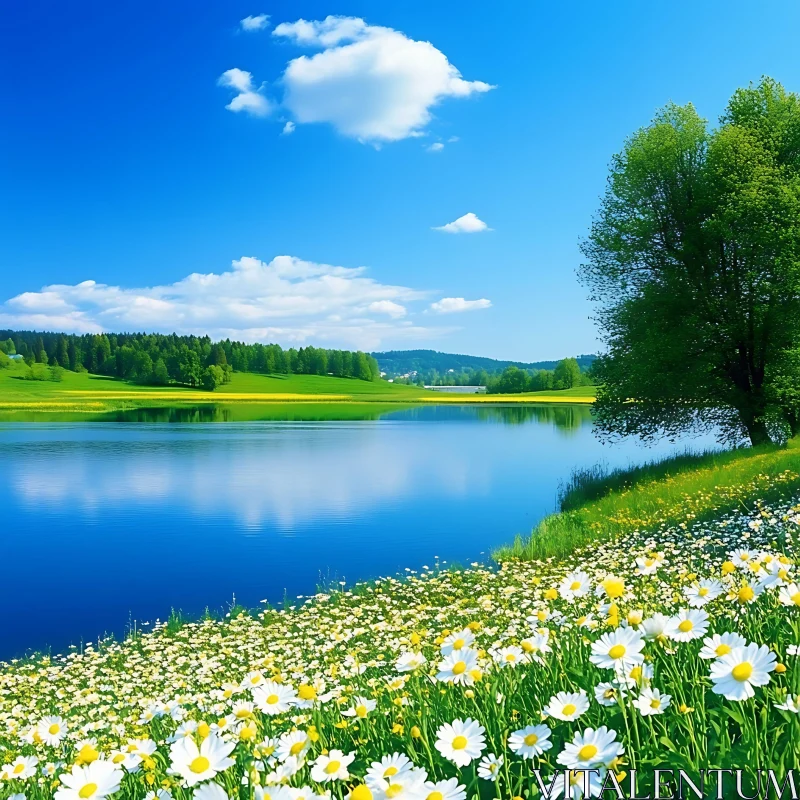Tranquil Lakeside Landscape with Blooming Flowers Tranquil Lakeside Landscape with Blooming Flowers