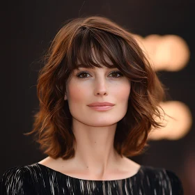 Stylish Woman with Wavy Brown Hair in a Black Top
