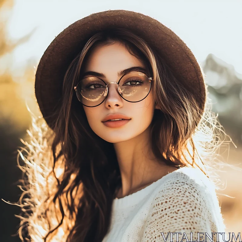 Stylish Woman Portrait with Sunlit Backdrop Stylish Woman Portrait with Sunlit Backdrop