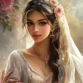 Ornate Woman Portrait with Jewelry and Floral Background