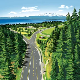 Winding Road through Forest to Snow-Capped Mountains