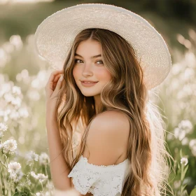 Girl in Summer Field with Straw Hat