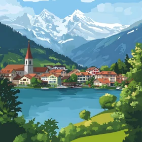 Tranquil Village Landscape with Majestic Mountains