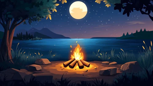 Serene Moonlit Lake Night with Campfire