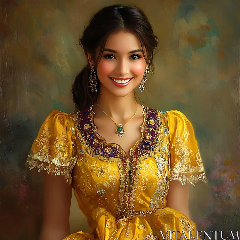 Smiling Woman in Ornate Yellow Dress and Jewelry AI Image