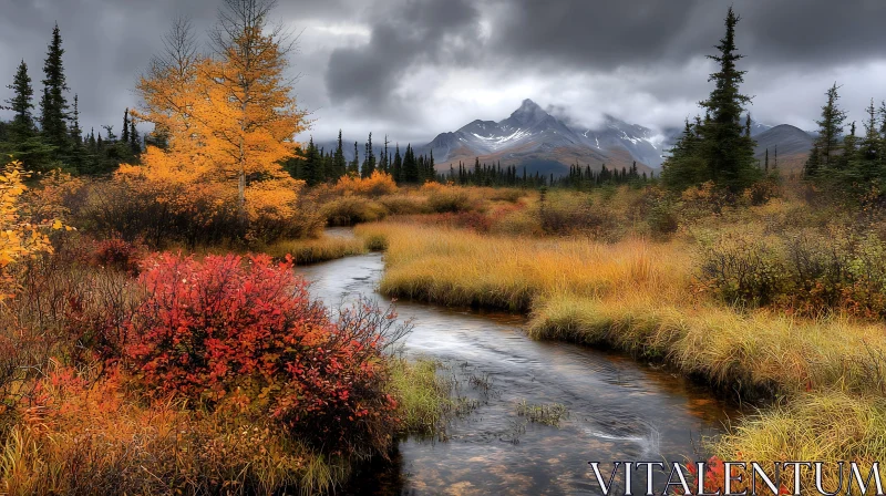 Peaceful Autumn Scene with Vibrant Foliage and Mountains AI Image