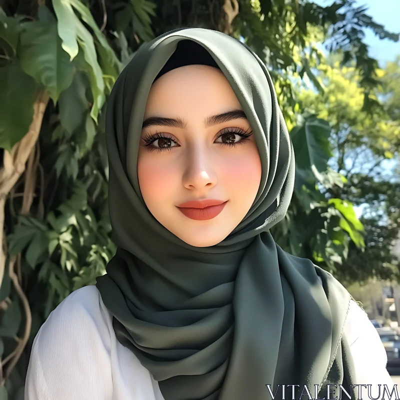 Portrait of Woman in Green Hijab AI Image