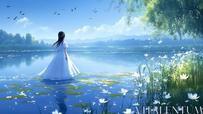 AI ART Tranquil Lake Scene with Young Girl and Blooming Flowers