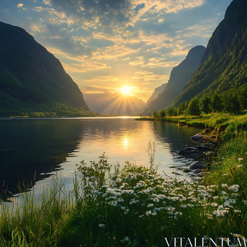 Golden Hour at a Peaceful Lake Amidst Dramatic Landscapes AI Image