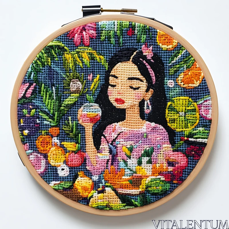 Vibrant Embroidered Portrait with Fruits AI Image