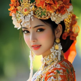 Regal Woman in Cultural Dress with Floral Headdress