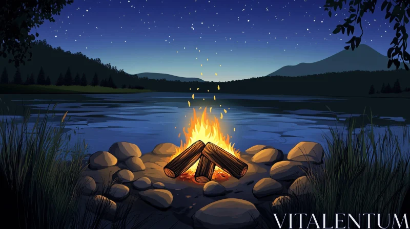 AI ART Serene Lake Campfire Under Starry Night