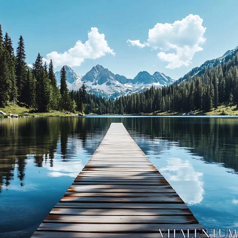 Tranquil Lake with Wooden Dock and Mountain Background AI Image