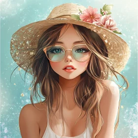 Anime Woman in Straw Hat with Flowers