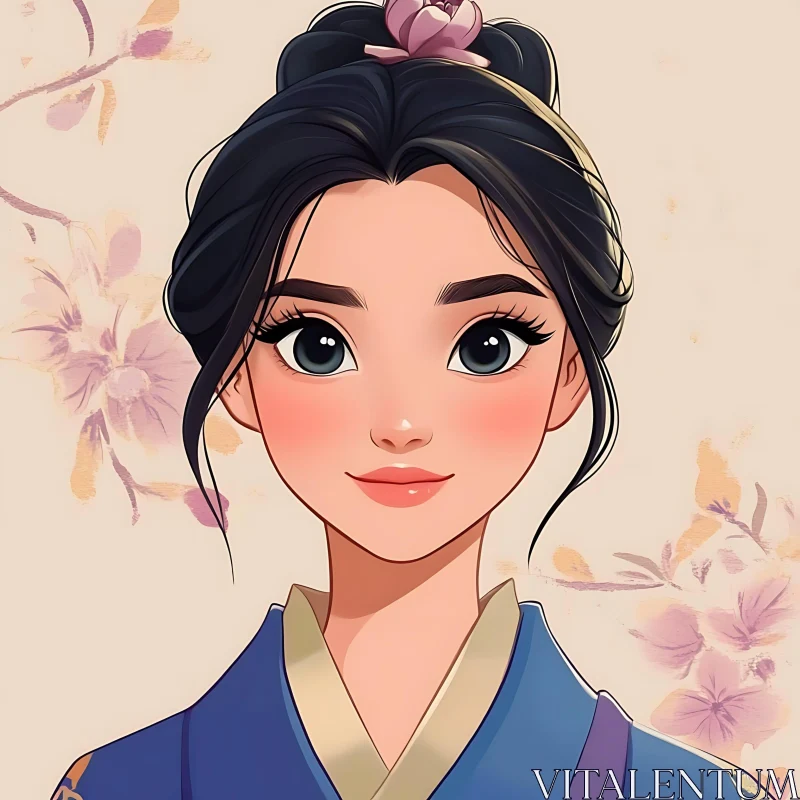 Anime Girl in Traditional Dress with Floral Background AI Image