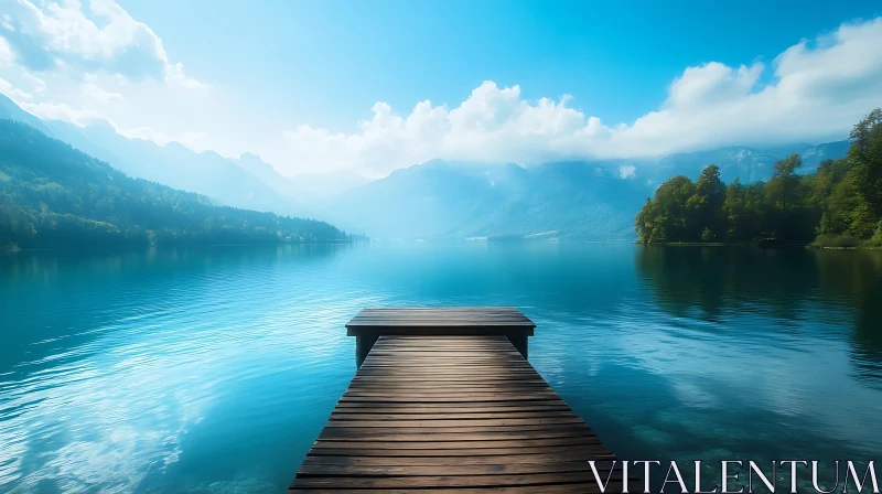 Peaceful Lake Scene with Pier and Mountains AI Image