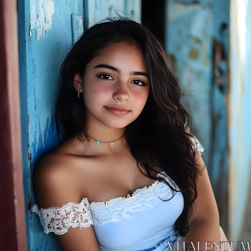 Charming Young Woman in White Lace Top Portrait AI Image