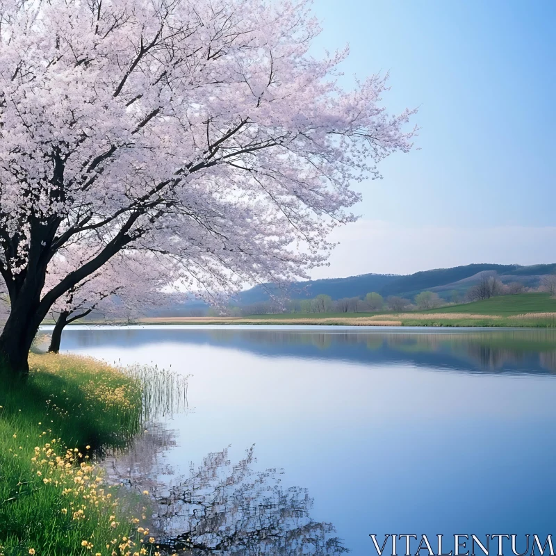 AI ART Serene Spring Landscape with Blooming Cherry Blossoms