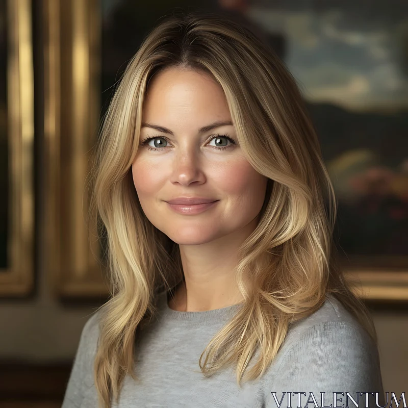 Indoor Portrait of a Smiling Blonde Woman AI Image