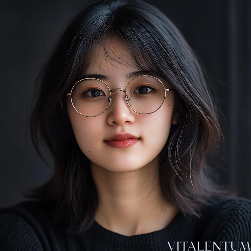 Woman Wearing Round Glasses in a Serene Portrait AI Image