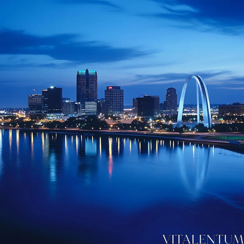 City Skyline at Night with Illuminated Arch and Reflections AI Image