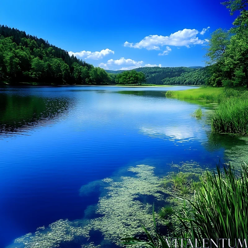 Idyllic Lake Scene with Greenery and Blue Sky AI Image