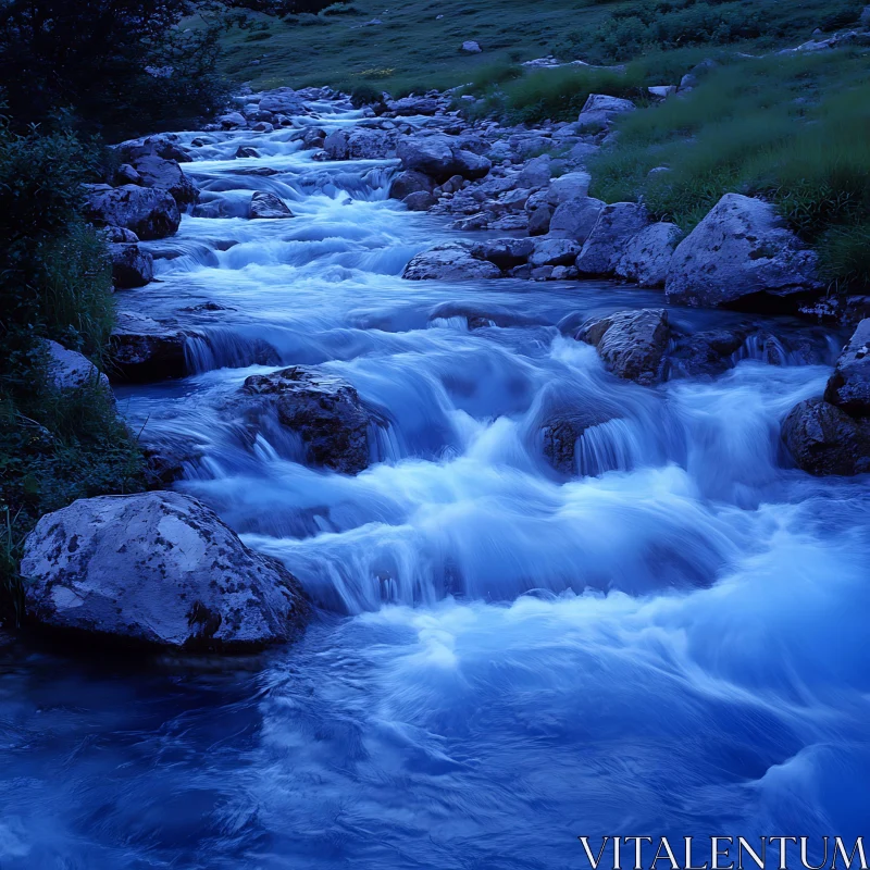 Tranquil River Flow with Rocks and Greenery AI Image