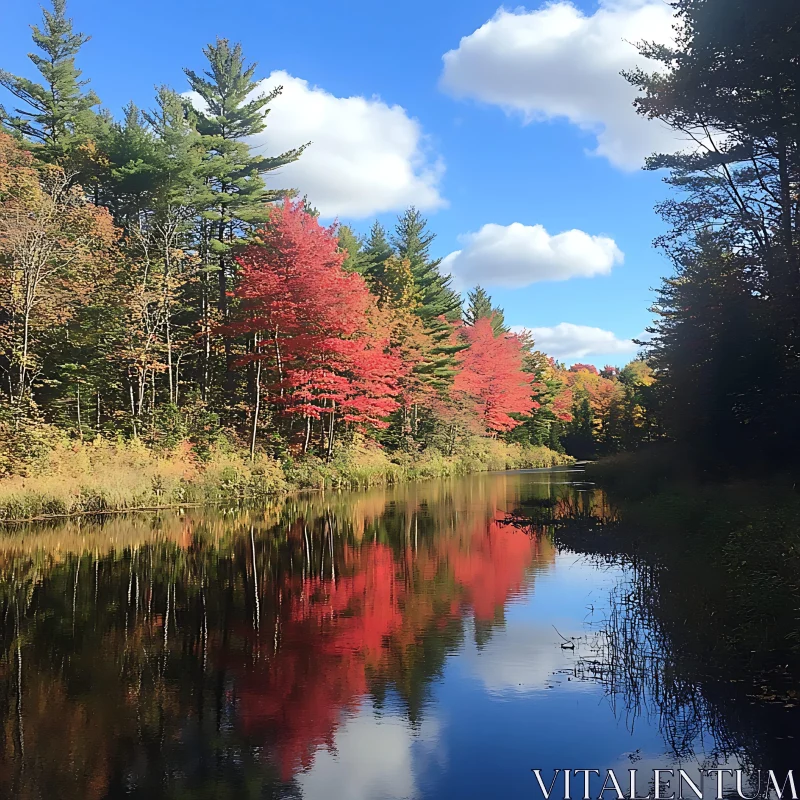 Tranquil River with Autumn Colors and Reflections AI Image