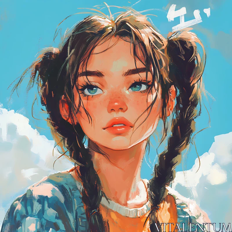 Illustrated Portrait of a Woman with Braided Hair in Bright Sky AI Image