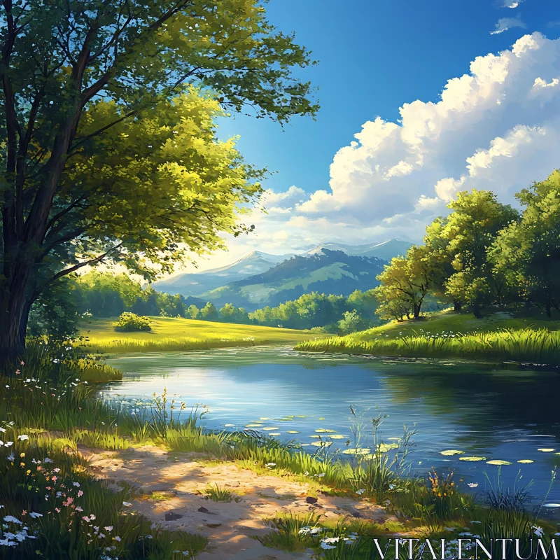 Tranquil Meadow with River and Mountain View AI Image