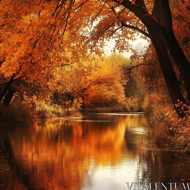 Tranquil Autumn River Reflecting Golden Foliage AI Image