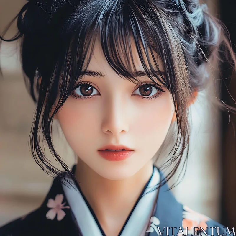 Elegant Woman Portrait in Floral Kimono AI Image