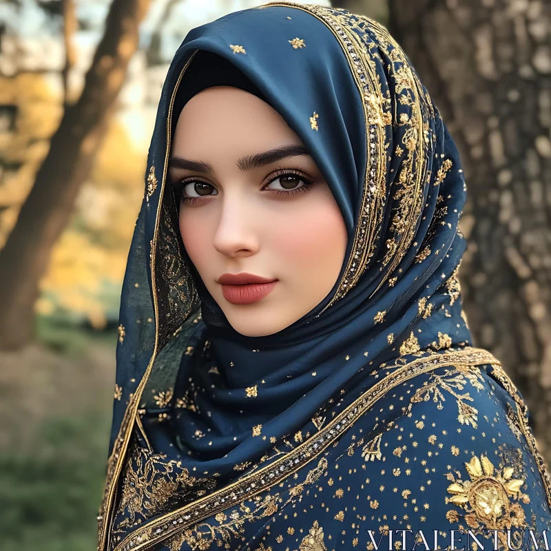 Woman in Intricate Blue and Gold Hijab AI Image