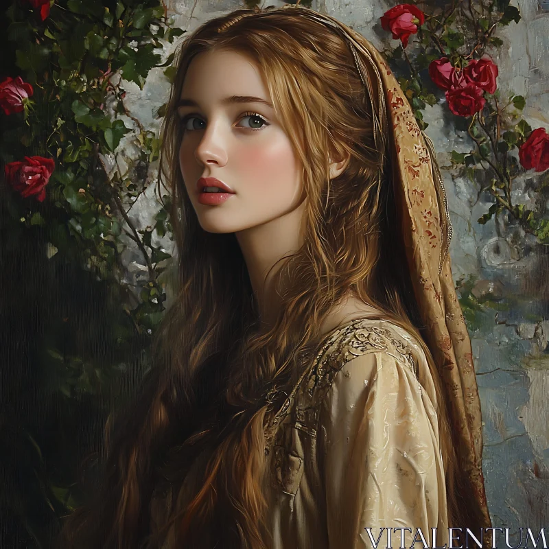 AI ART Graceful Medieval Woman Amidst Roses