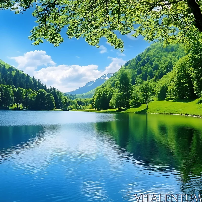 Tranquil Lake Scene with Lush Forest and Mountains AI Image