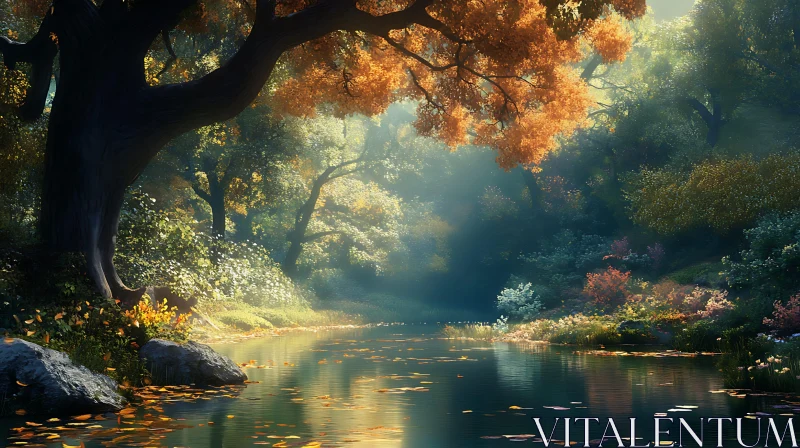 Tranquil Autumn River with Glowing Sunlight AI Image