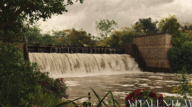 Serene River Waterfall in Rainy Nature Setting AI Image