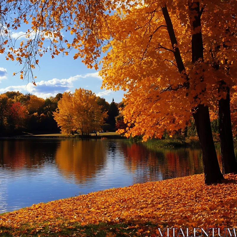 Golden Autumn Trees Reflecting on a Serene Lake AI Image