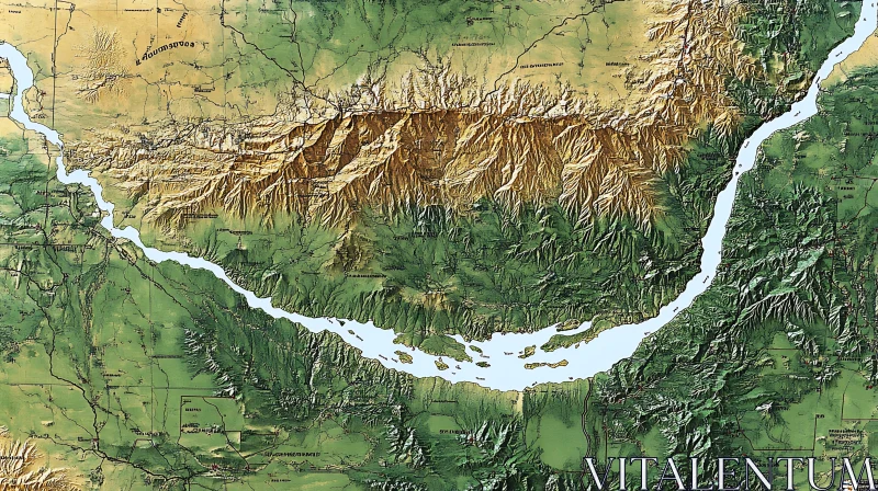 AI ART Topographic Map of Rugged Mountain Terrain and River