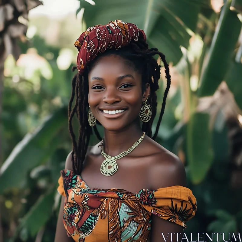 Joyful Woman in Colorful Dress and Jewelry AI Image